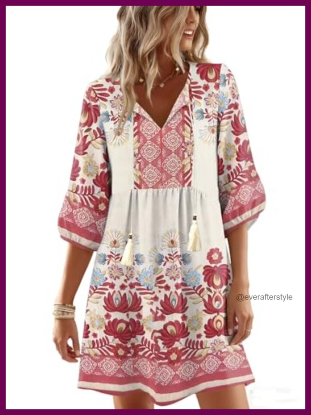 Summer Floral V-Neck 3/4 Sleeve A-Line Casual Dress